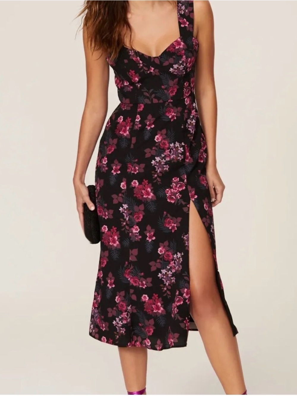 Hutch Floral Midi Dress with Sweetheart Neckline - Black with Pink Floral